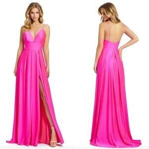 Ieena For Mac Duggal [ 8 ] Plunge Neck High Slit Gown‎ In Electric Pink 26165